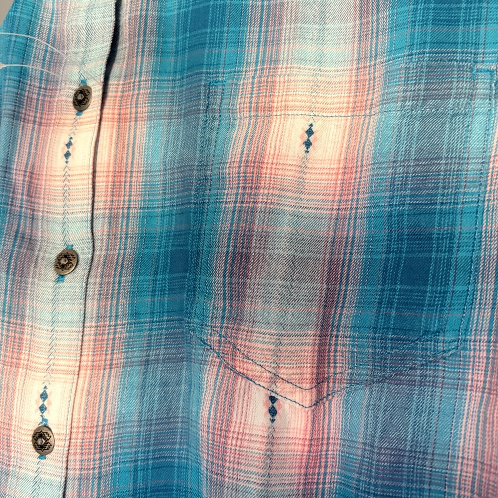 ARIAT REAL Billie Jean Relaxed Fit Aqua & Pink Dobby Plaid Shirt Large NWT - Picture 7 of 7